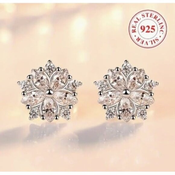 Platinum Sterling Silver Diamond Simulated Zircon Stud Earrings - Picture 1 of 3